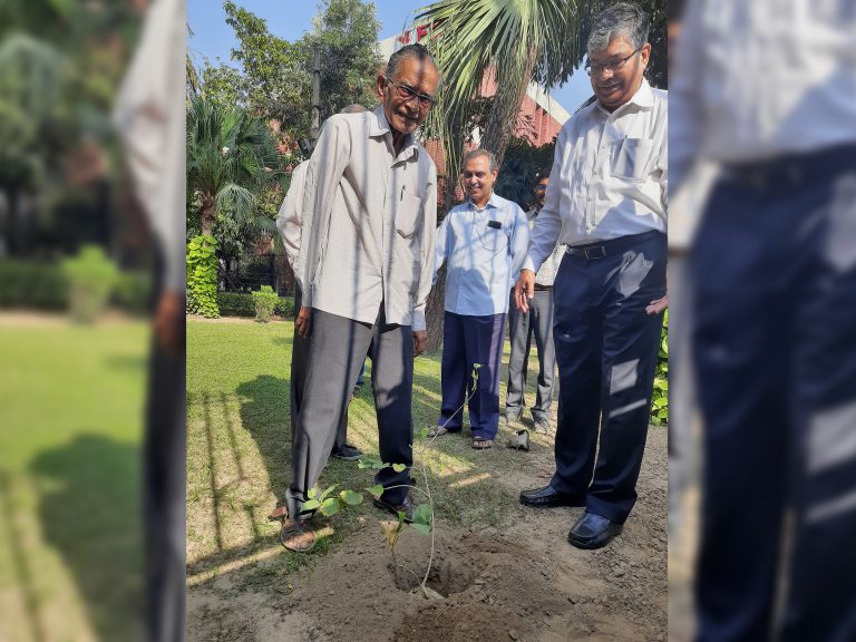 Prof P K Joshi (Director, AERC) and  Prof. C S C Sekhar (Former-Director, AERC) with Prof. K L Krishna during Tree Plantation